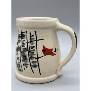 Rowe Pottery Winter Birch Cardinal Coffee Mug Stoneware Artisan USA 14oz Mint